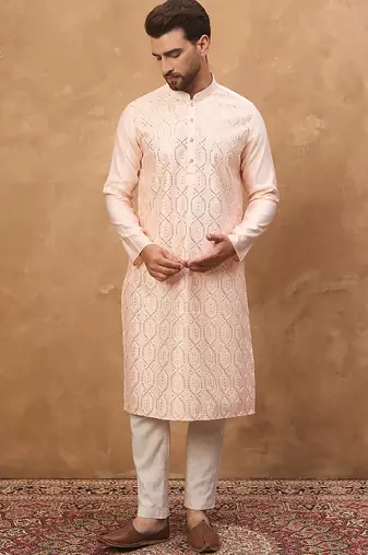 Men peach silk blend solid embroidered straight kurta