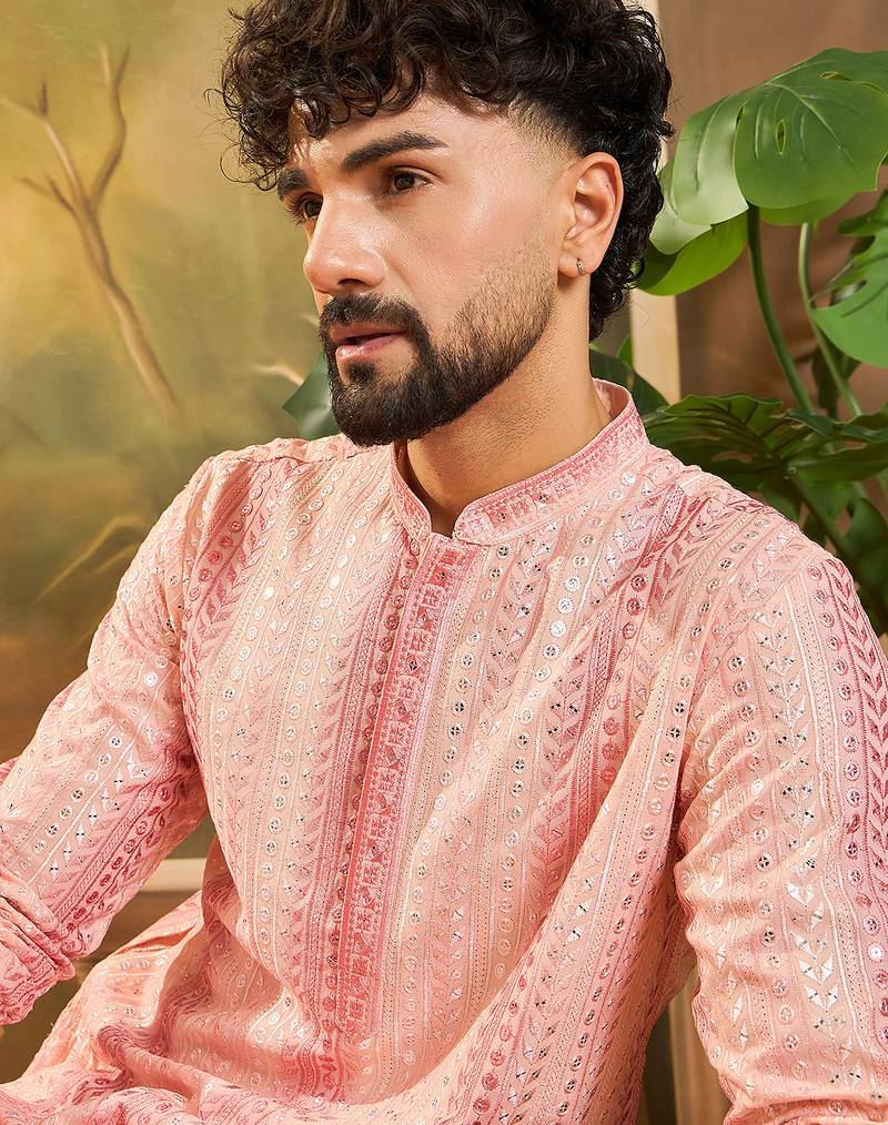 Men peach viscose rayon solid embroidered straight kurta