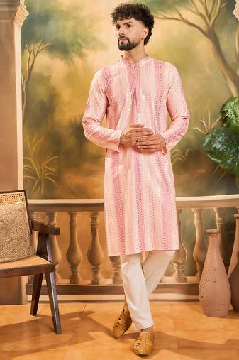 Men peach viscose rayon solid embroidered straight kurta