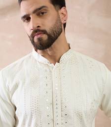 Men white silk blend embroidered mandarin collar straight kurta with trouser