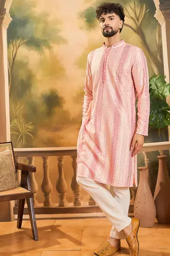 Men peach viscose rayon solid embroidered straight kurta