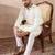 Men white silk blend embroidered mandarin collar straight kurta with trouser