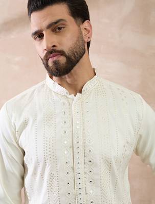 Men white silk blend embroidered mandarin collar straight kurta with trouser 2