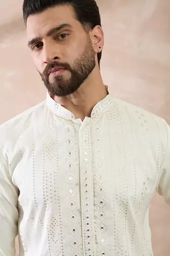 Men white silk blend embroidered mandarin collar straight kurta with trouser