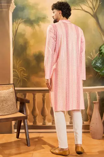 Men peach viscose rayon solid embroidered straight kurta