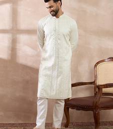 Men white silk blend embroidered mandarin collar straight kurta with trouser