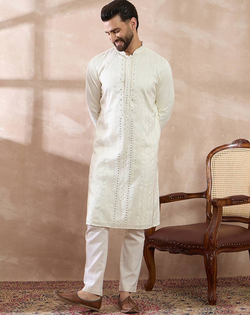 Men white silk blend embroidered mandarin collar straight kurta with trouser