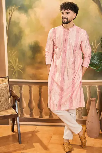 Men peach viscose rayon solid embroidered straight kurta