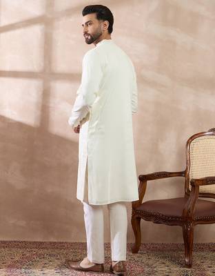 Men white silk blend embroidered mandarin collar straight kurta with trouser 4
