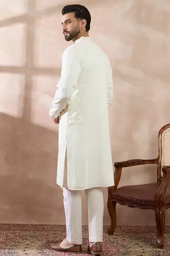 Men white silk blend embroidered mandarin collar straight kurta with trouser