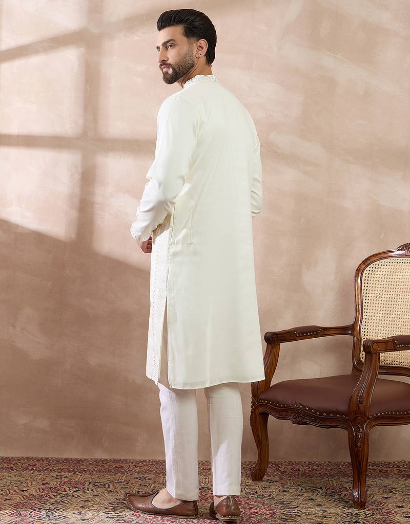 Men white silk blend embroidered mandarin collar straight kurta with trouser