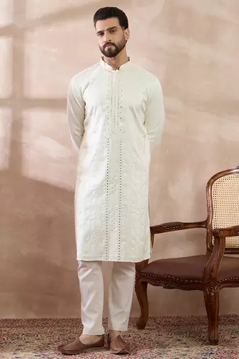 Men white silk blend embroidered mandarin collar straight kurta with trouser