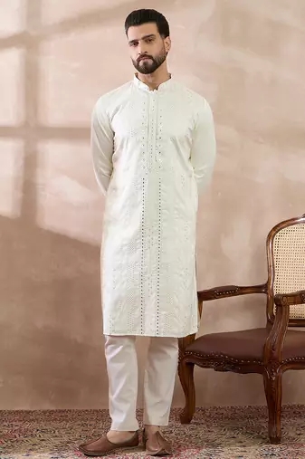 Men white silk blend embroidered mandarin collar straight kurta with trouser