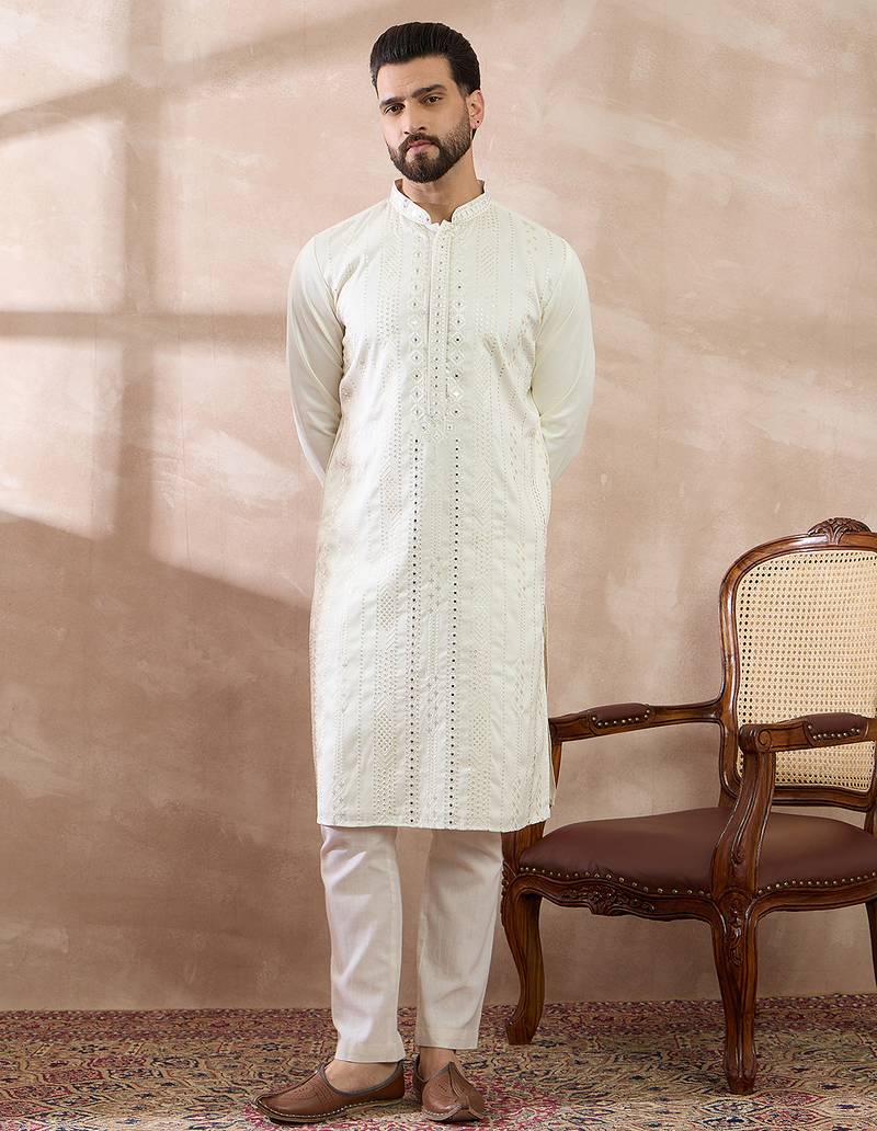 Men white silk blend embroidered mandarin collar straight kurta with trouser