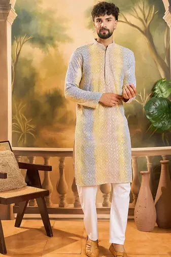 Men multi viscose rayon solid embroidered straight kurta