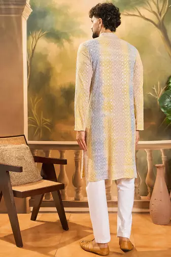 Men multi viscose rayon solid embroidered straight kurta