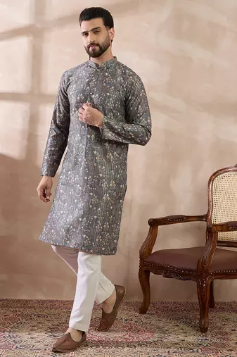 Men grey silk blend printed mandarin collar straight kurta with trouser