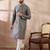 Men grey silk blend printed mandarin collar straight kurta with trouser