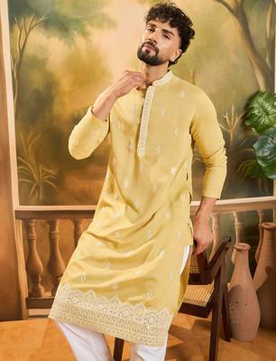 Men yellow silk blend solid embroidered straight kurta 1