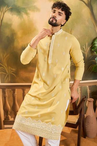 Men yellow silk blend solid embroidered straight kurta