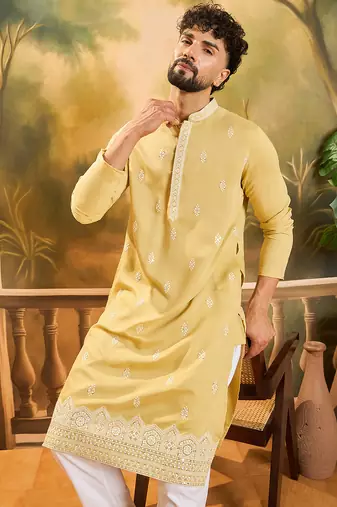 Men yellow silk blend solid embroidered straight kurta
