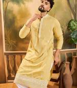 Men yellow silk blend solid embroidered straight kurta