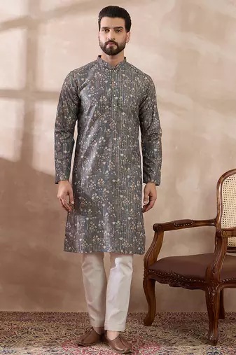 Men grey silk blend printed mandarin collar straight kurta with trouser