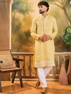 Men yellow silk blend solid embroidered straight kurta 2