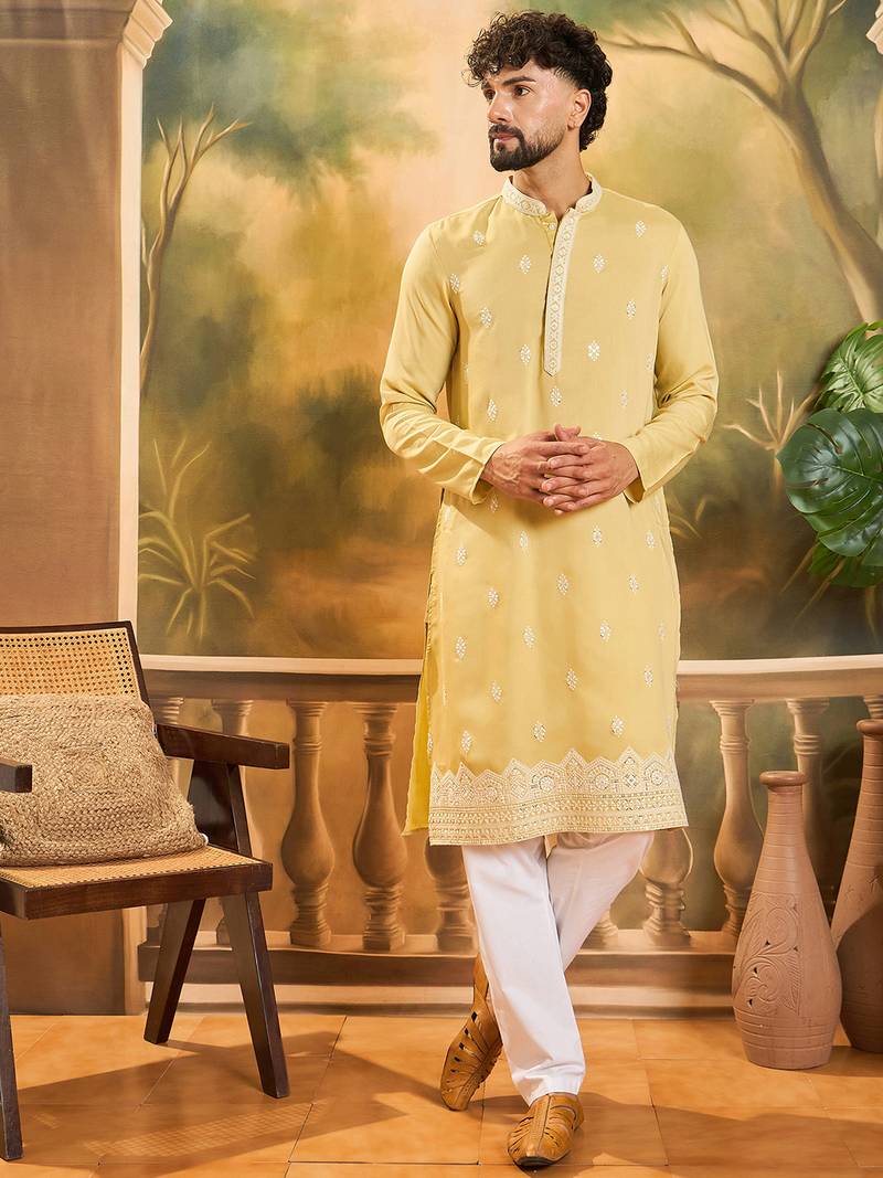 Men yellow silk blend solid embroidered straight kurta