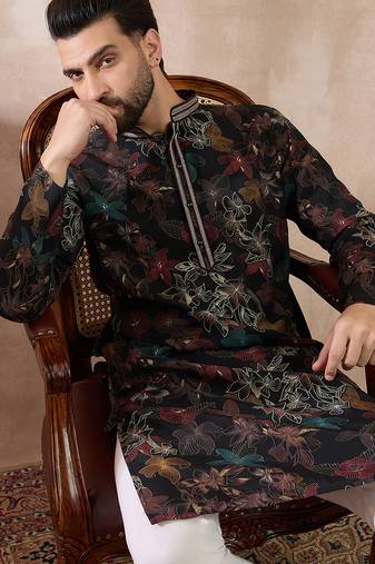 Men black silk blend printed mandarin collar straight kurta with trouser