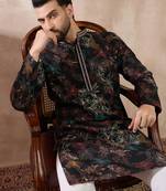 Men black silk blend printed mandarin collar straight kurta with trouser