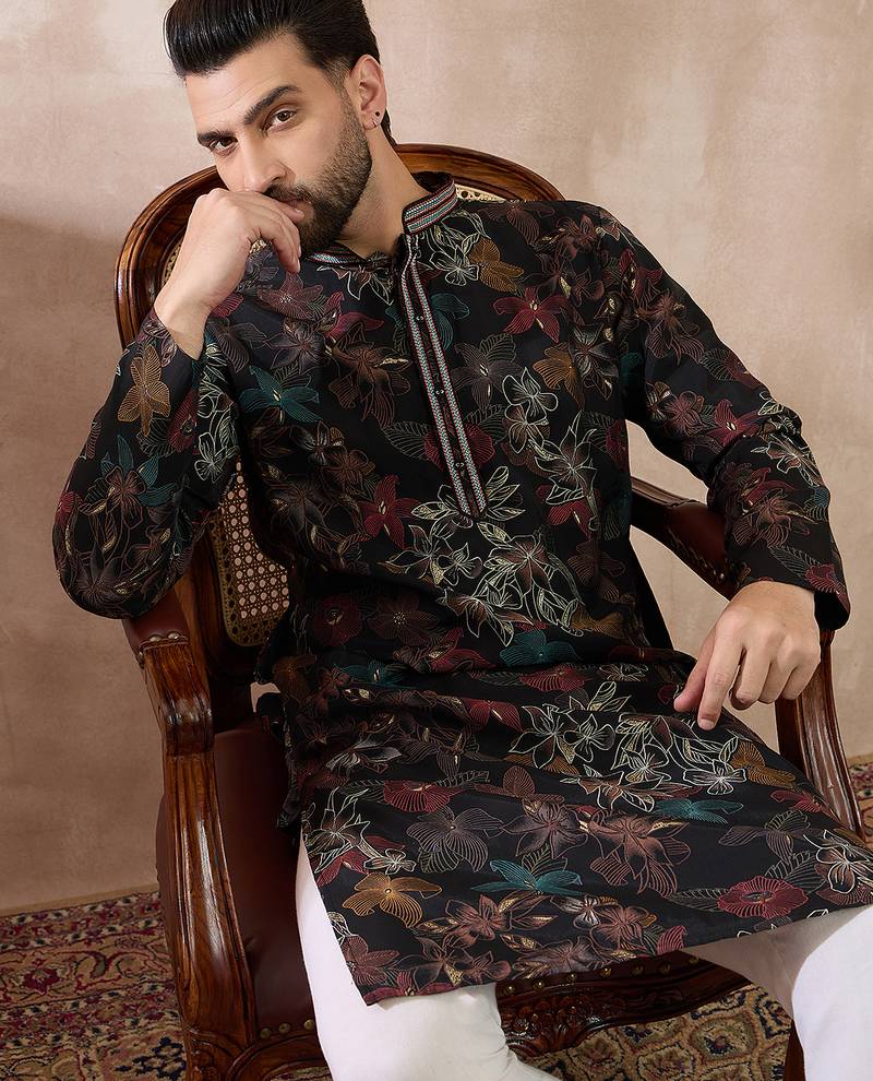 Men black silk blend printed mandarin collar straight kurta with trouser