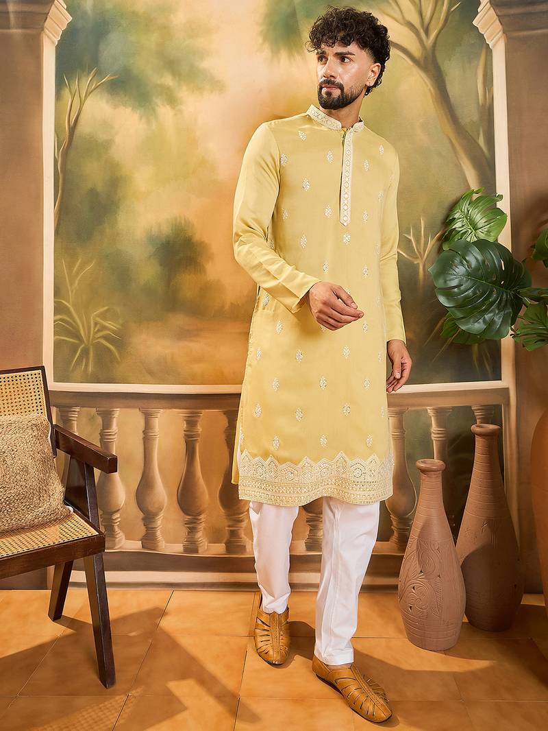 Men yellow silk blend solid embroidered straight kurta
