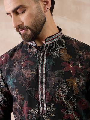 Men black silk blend printed mandarin collar straight kurta with trouser 2