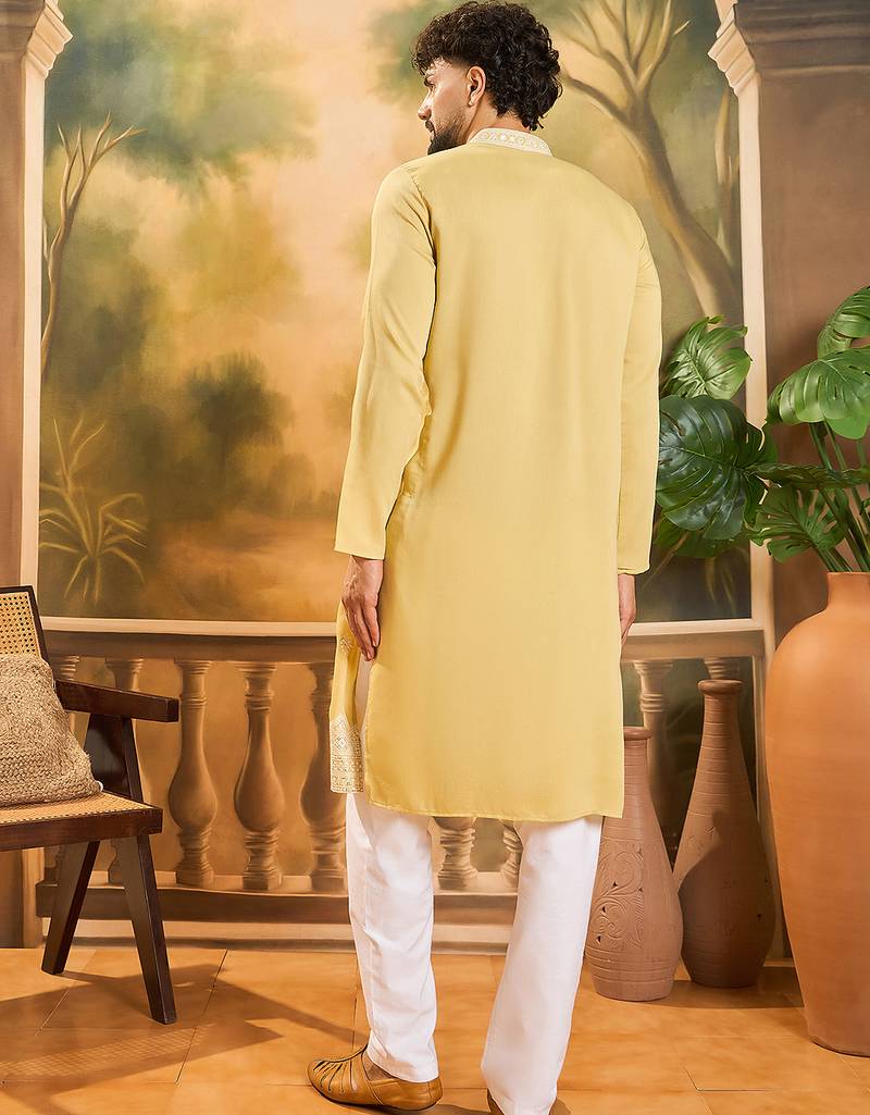 Men yellow silk blend solid embroidered straight kurta