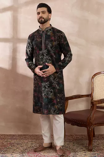 Men black silk blend printed mandarin collar straight kurta with trouser