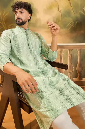 Men green viscose rayon solid embroidered straight kurta