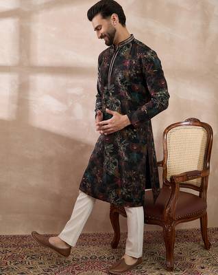 Men black silk blend printed mandarin collar straight kurta with trouser 5