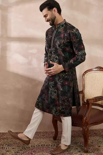 Men black silk blend printed mandarin collar straight kurta with trouser