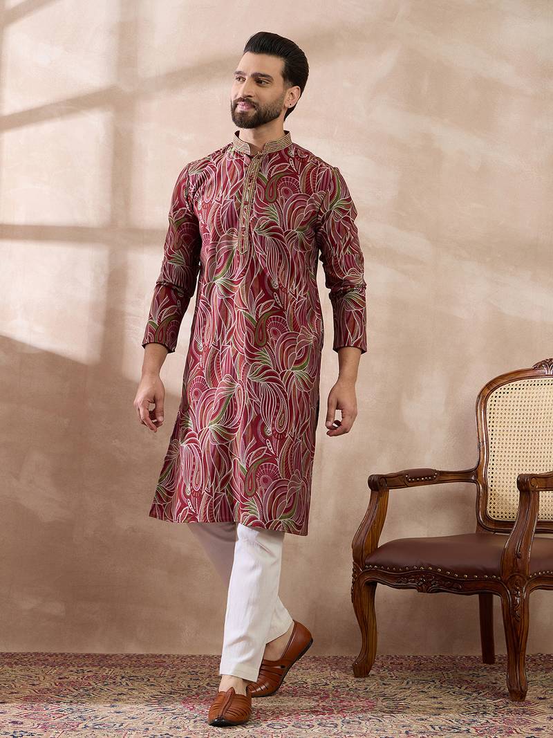 Men red silk blend printed mandarin collar straight kurta with trouser