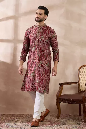 Men red silk blend printed mandarin collar straight kurta with trouser