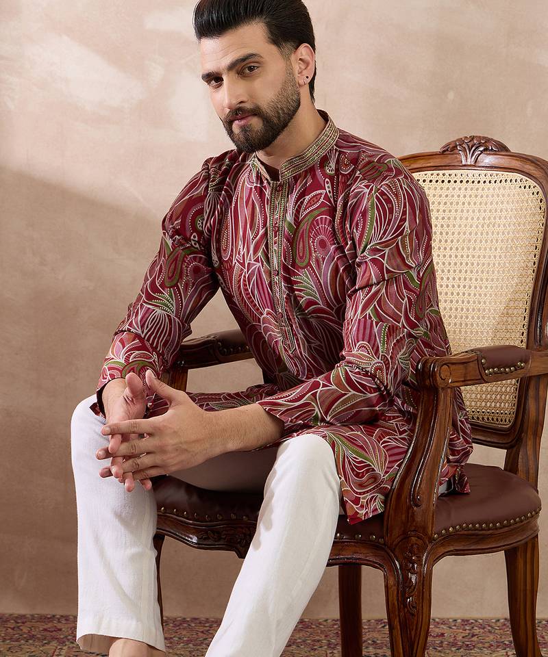 Men red silk blend printed mandarin collar straight kurta with trouser