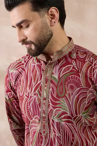 Men red silk blend printed mandarin collar straight kurta with trouser