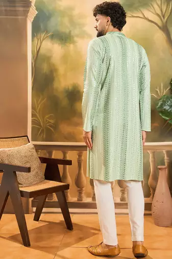 Men green viscose rayon solid embroidered straight kurta