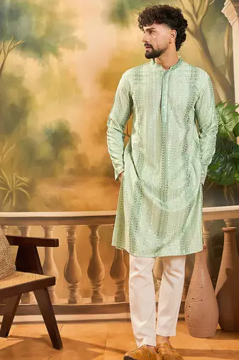 Men green viscose rayon solid embroidered straight kurta