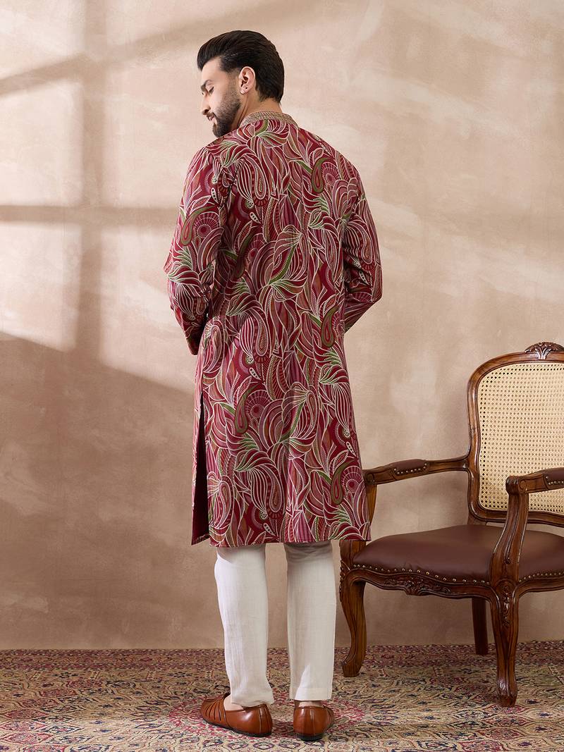 Men red silk blend printed mandarin collar straight kurta with trouser