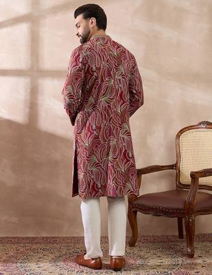 Men red silk blend printed mandarin collar straight kurta with trouser 4