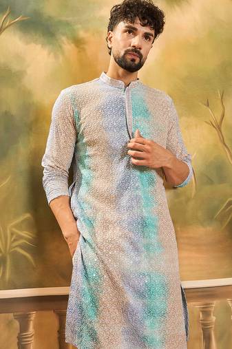 Men multi viscose rayon solid embroidered straight kurta