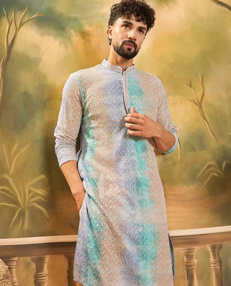 Men multi viscose rayon solid embroidered straight kurta