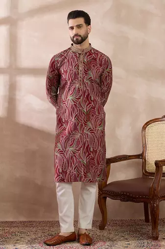 Men red silk blend printed mandarin collar straight kurta with trouser